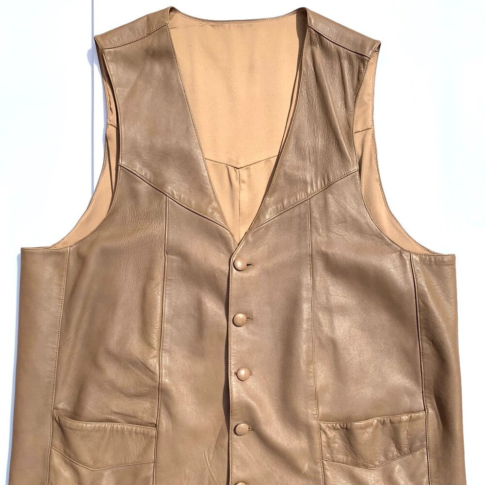 Men’s Custom Tan Leather Vest w/Front Pockets & Buttons, XXL
